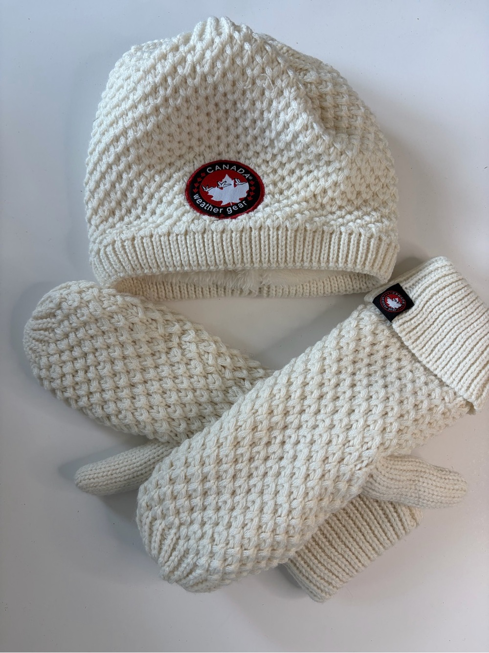 Canada Weather Gear Cream Knit Hat and Mittens Set Fleece Lined Beanie One Size